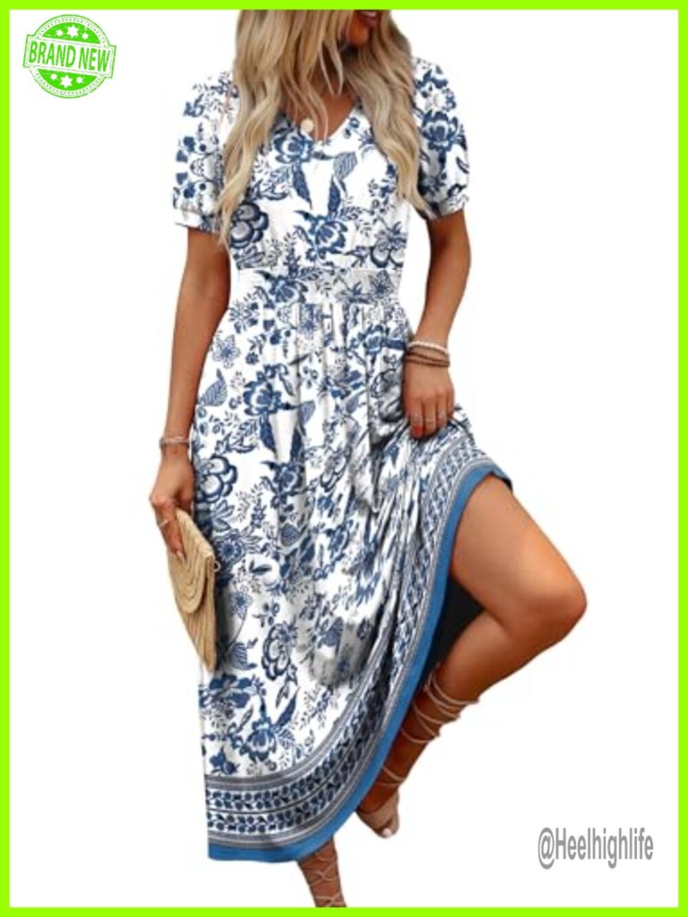 V Neck Maxi Dress with Smocked Waist A-Line Midi Dress for Women - Picture 3 of 7